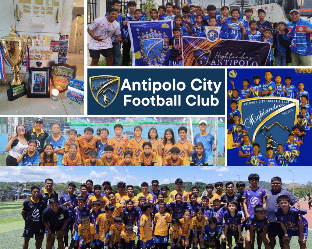 Collage of Antipolo City Football Club featuring youth players in uniform, training photos, team banners, trophies, and official club logo promoting grassroots football in Rizal.