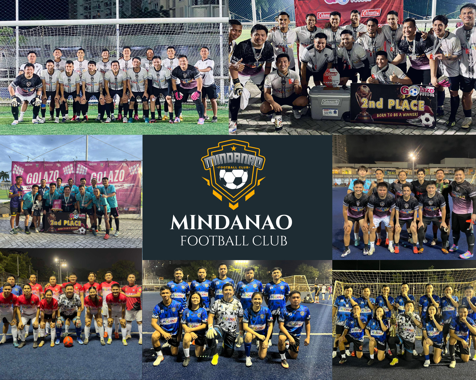 Mindanao Football Club team collage featuring players in different jerseys, tournament highlights, and the official club logo.