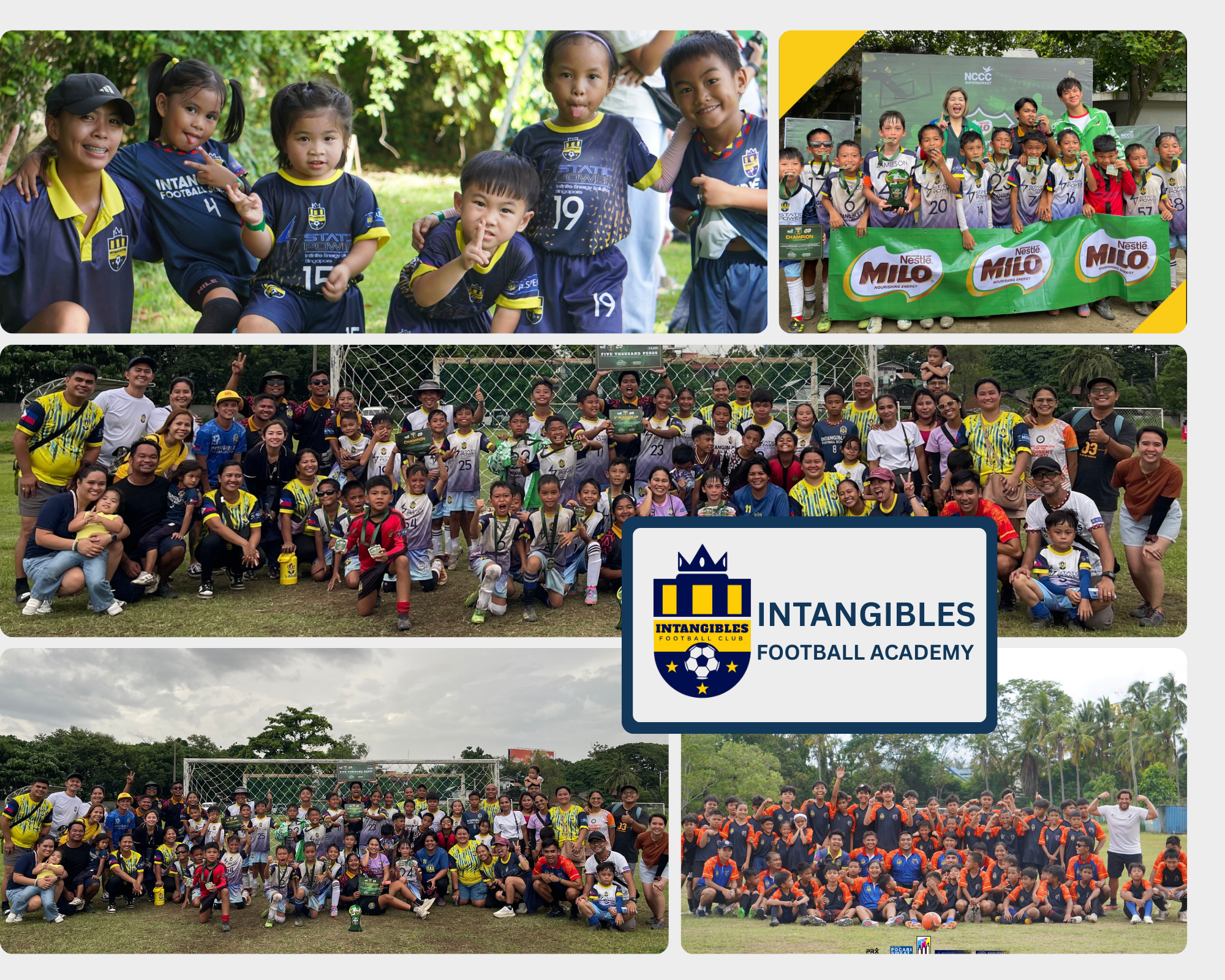 Intangibles Football Academy players, coaches, and parents celebrating together on the football field, showcasing unity, teamwork, and youth development through football.