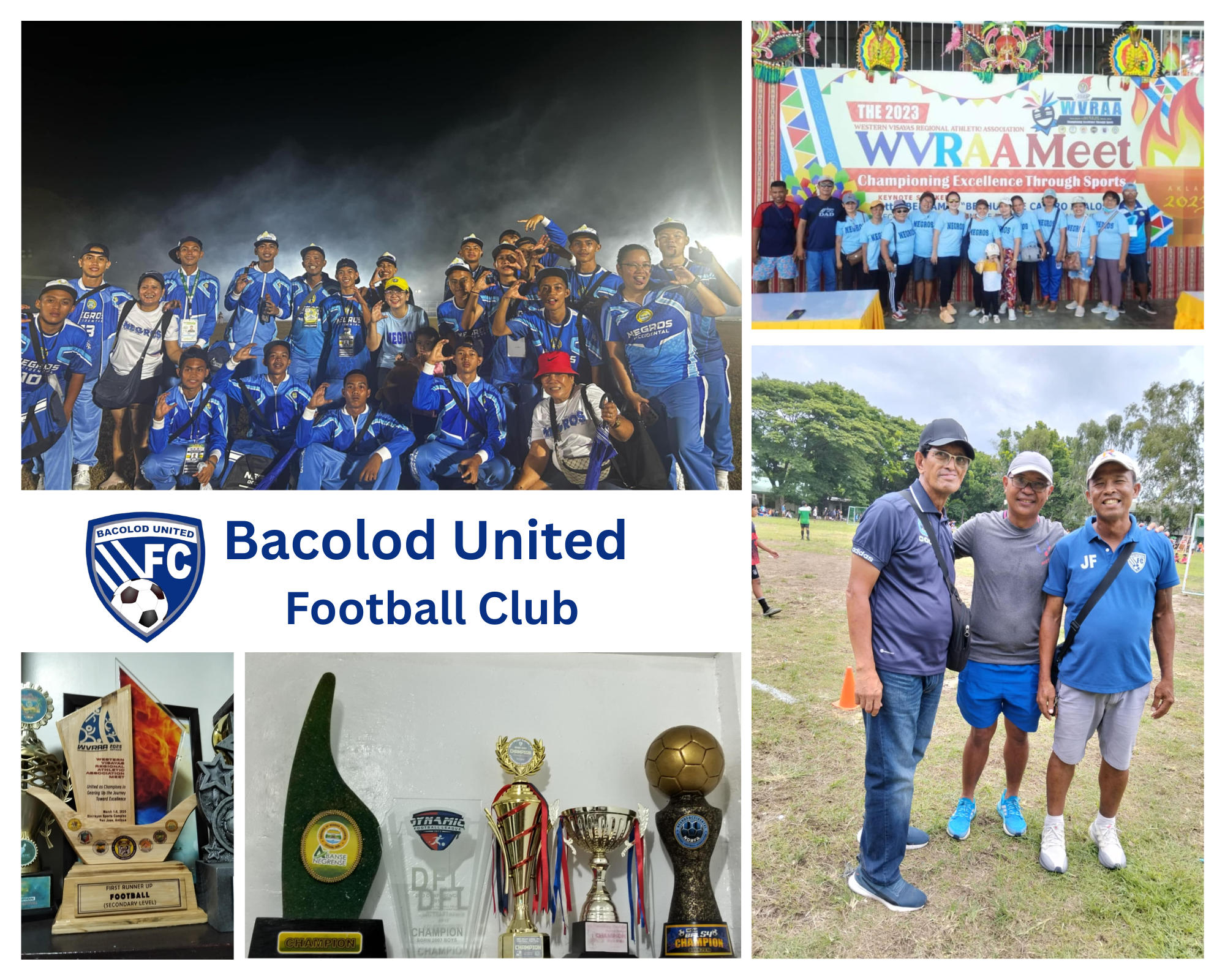 Photo collage of Bacolod United Football Club players, coaches, and trophies showcasing teamwork, community spirit, and football achievements.
