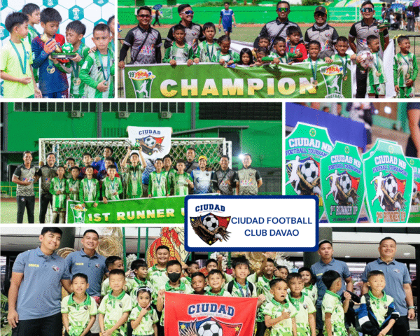 Ciudad Football Club Davao players and coaches celebrating victories, holding trophies, medals, and banners, symbolizing unity, passion, and success in youth football.