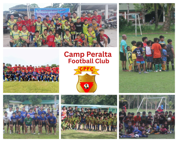 Photo collage of Camp Peralta Football Club (CPFC) players, youth teams, and coaches showcasing football training, unity, and community spirit.