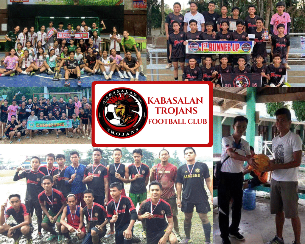 Collage of Kabasalan Trojans Football Club teams with trophies, medals, and community moments showcasing achievements in football and youth development.