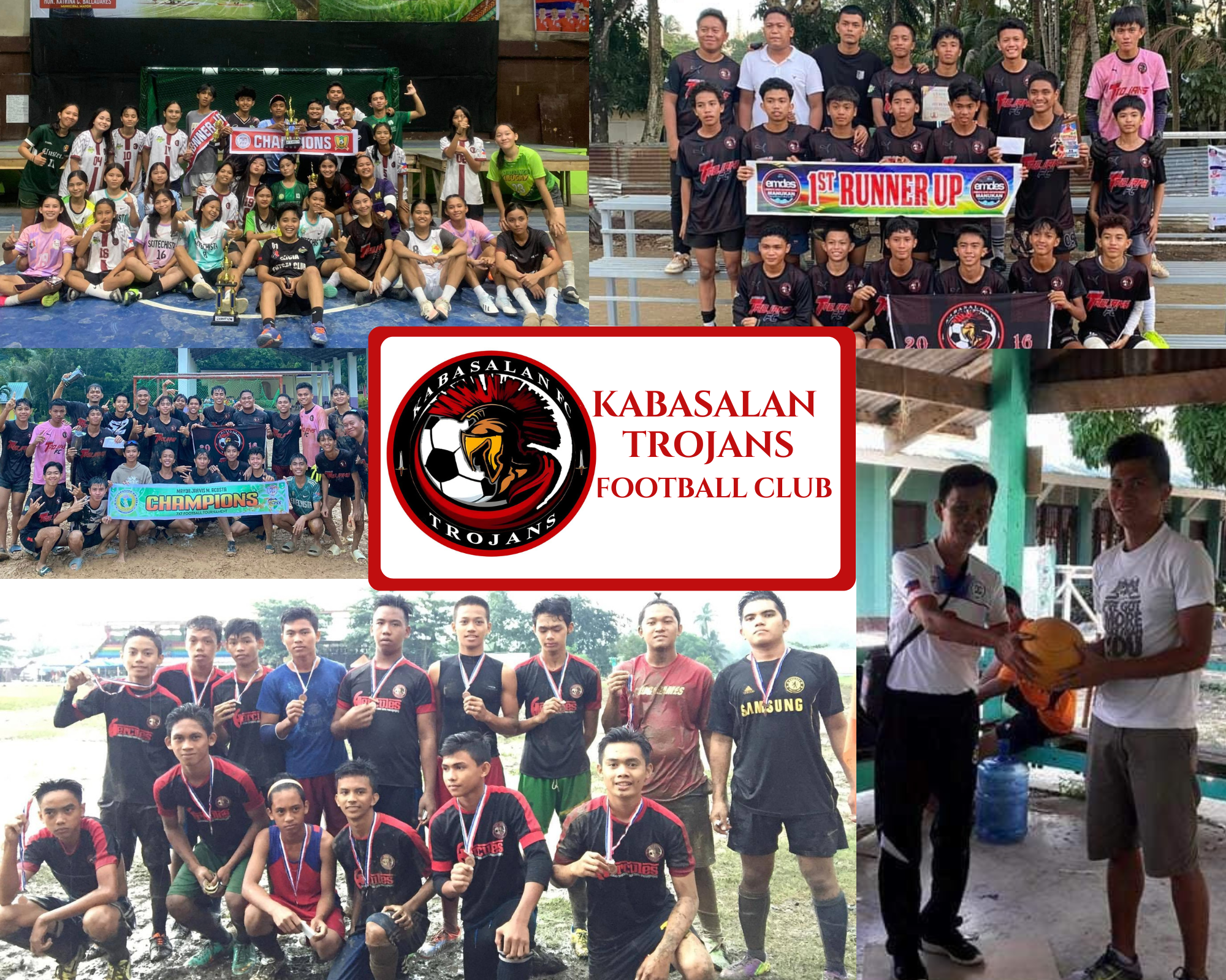 Collage of Kabasalan Trojans Football Club teams with trophies, medals, and community moments showcasing achievements in football and youth development.