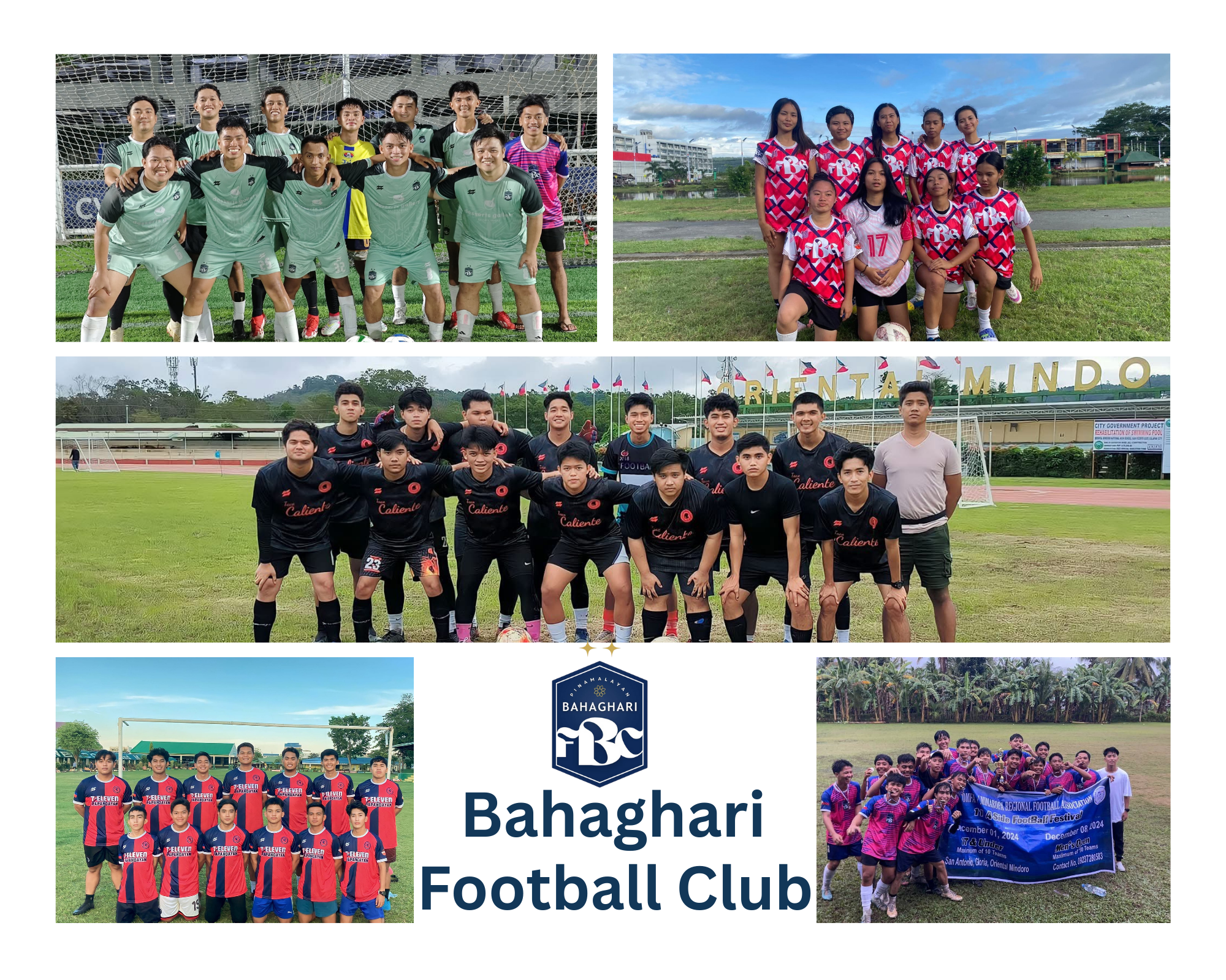 A collage of Bahaghari Football Club teams, featuring men’s, women’s, and youth squads in different uniforms, with the Bahaghari FC logo in the center.