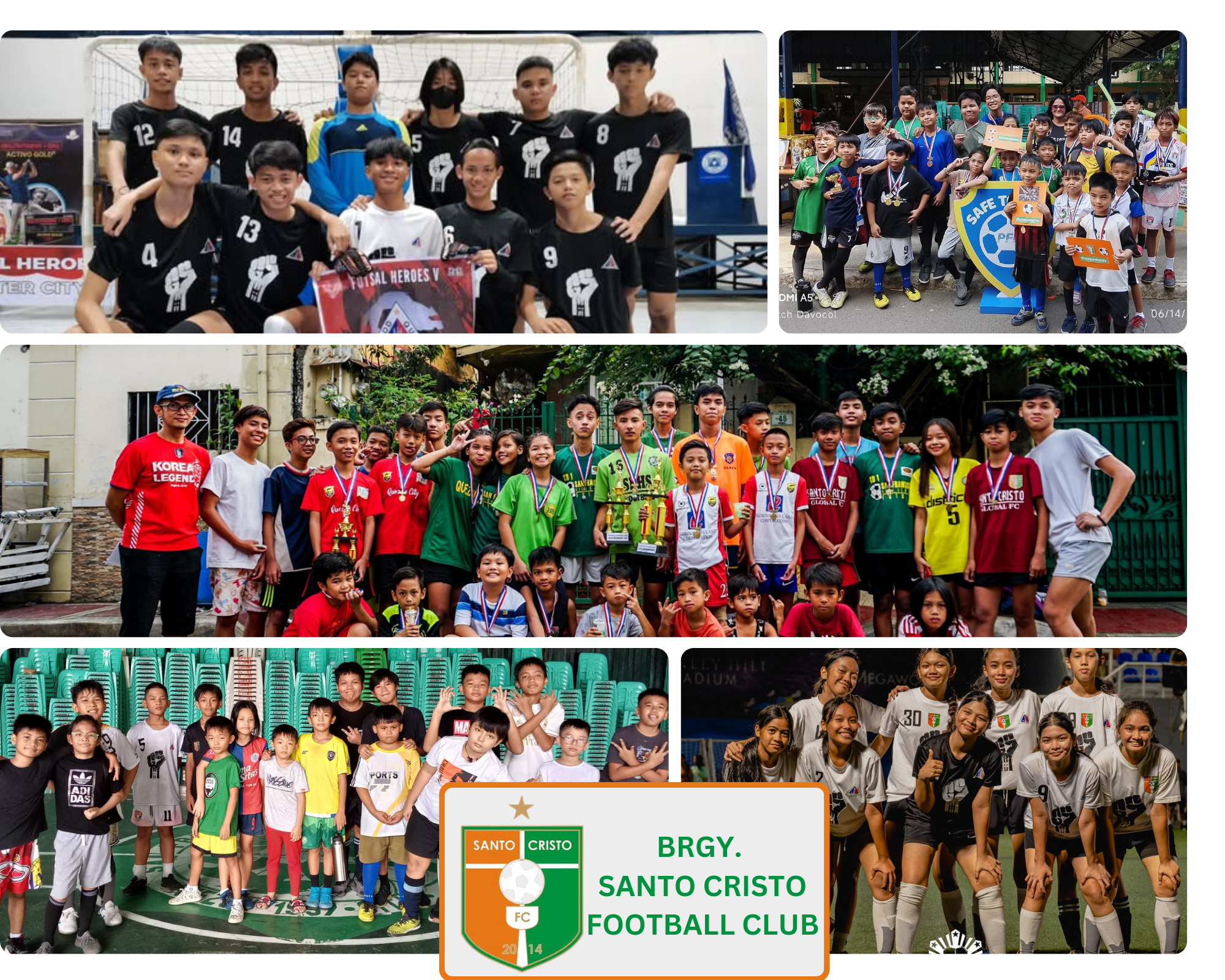 Photo collage of Barangay Santo Cristo Football Club showing youth players, coaches, and teams in futsal and football tournaments, wearing colorful jerseys and medals.