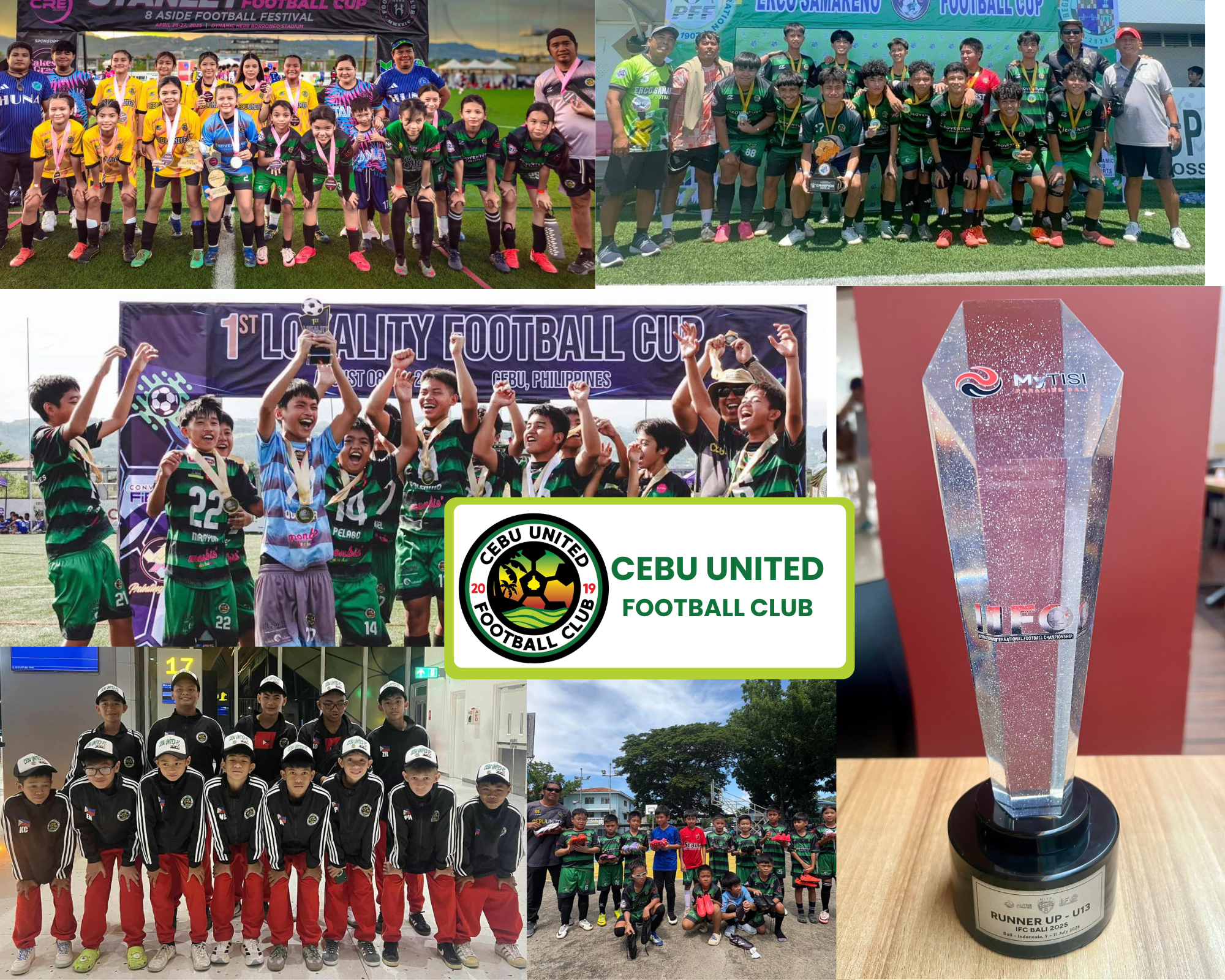 Photo collage of Cebu United Football Club showing youth teams in action, tournament victories, and a trophy, representing their growth and achievements since 2019.