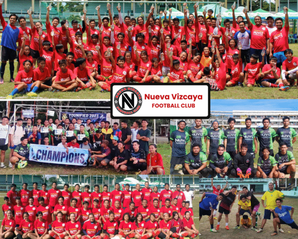 Nueva Vizcaya Football Club players of all ages in various team photos, celebrating unity, victories, and community in football.