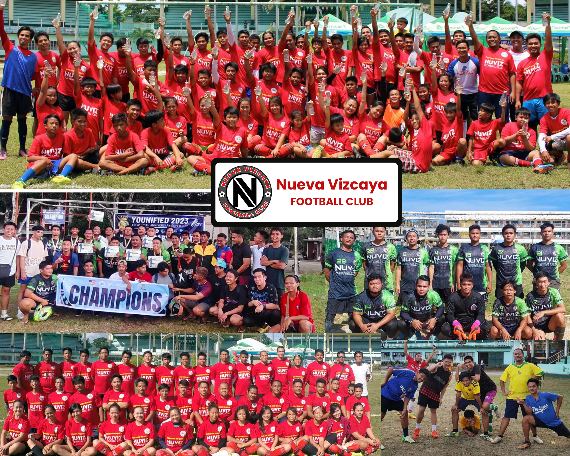Nueva Vizcaya Football Club players of all ages in various team photos, celebrating unity, victories, and community in football.
