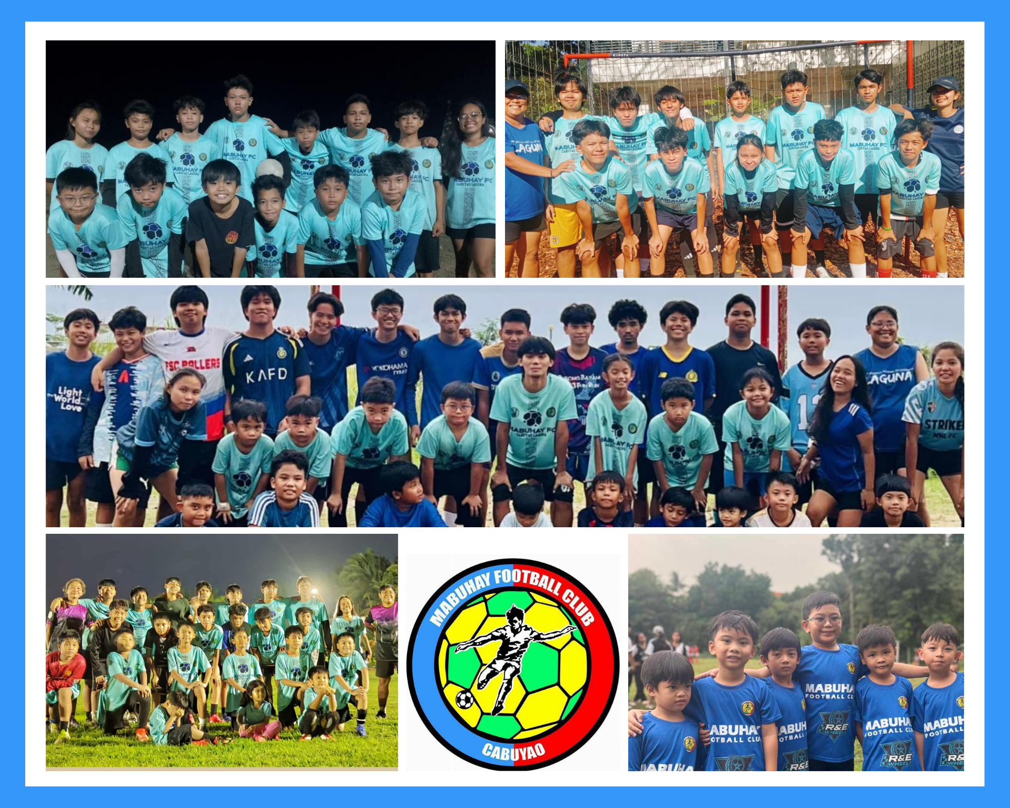 A collage of Mabuhay Football Club – Sibol ng Cabuyao players and coaches from different age groups, showcasing teamwork, passion, and community spirit in Philippine grassroots football.