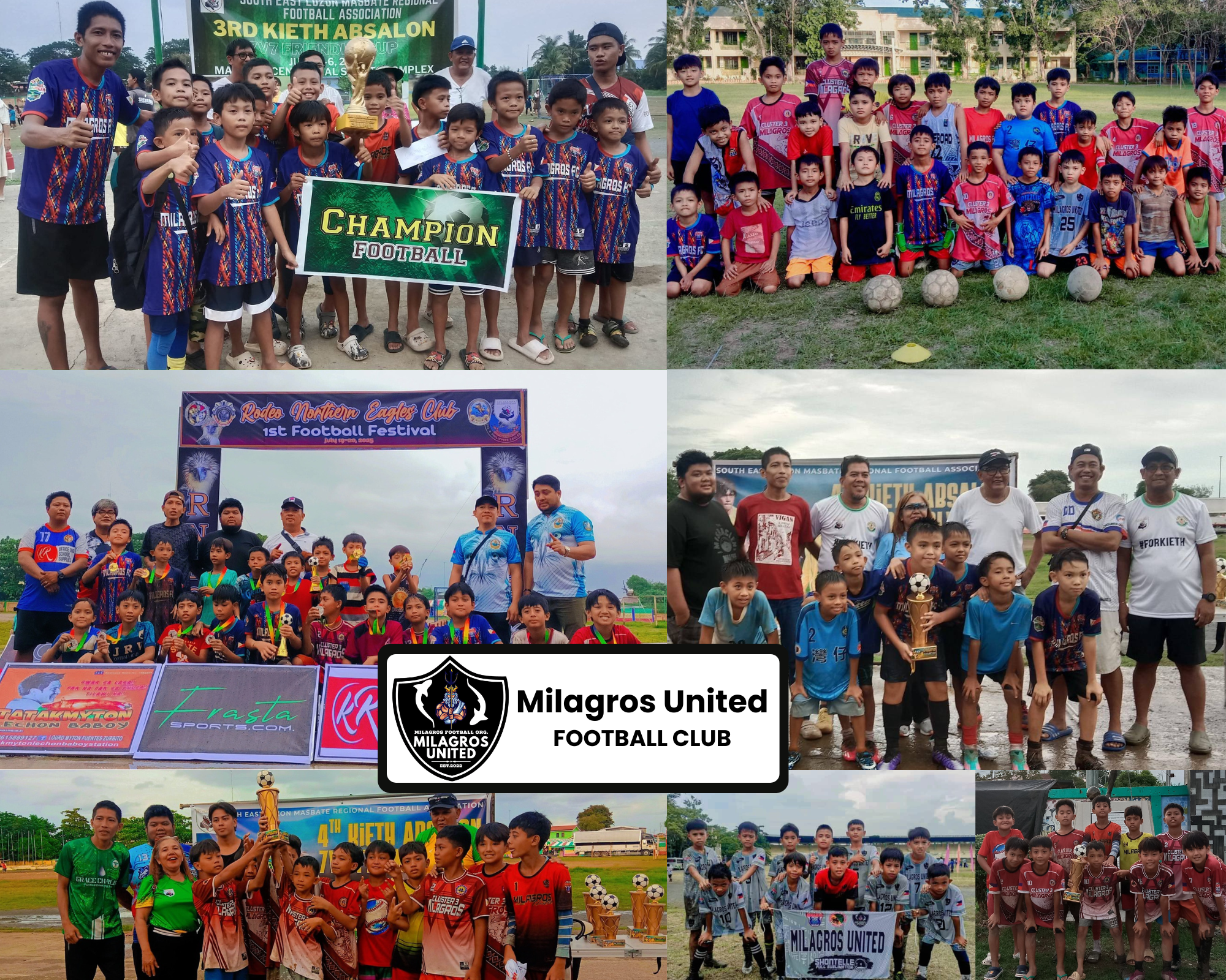 A collage of Milagros United Football Club players and coaches showcasing their victories, teamwork, and grassroots football development in Masbate, Philippines.