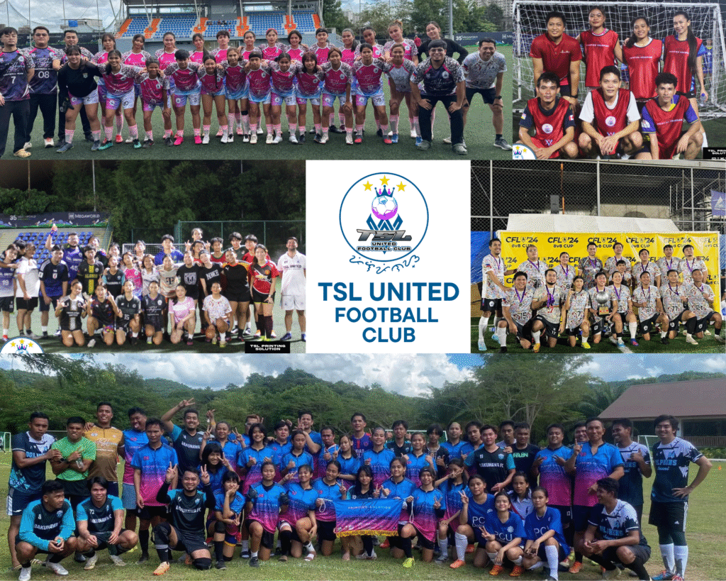 Collage of TSL United Football Club players and coaches from Cavite showcasing different teams and achievements in local football tournaments across the Philippines.