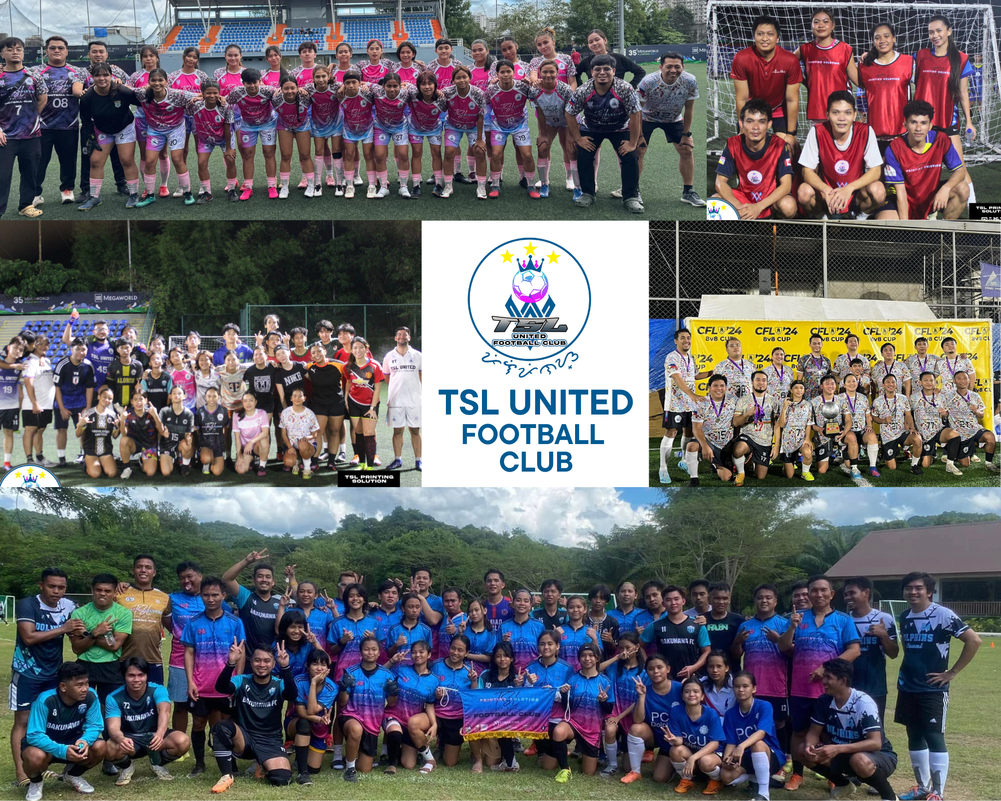 Collage of TSL United Football Club players and coaches from Cavite showcasing different teams and achievements in local football tournaments across the Philippines.