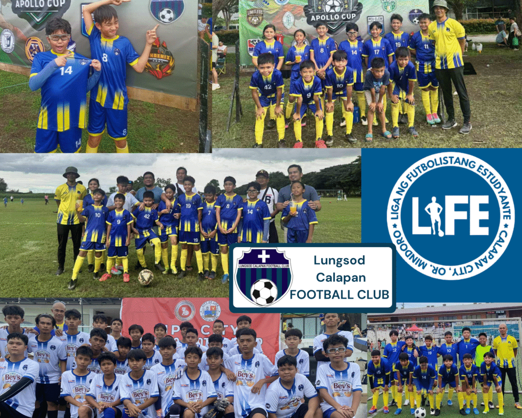 Lungsod Calapan Football Club players in action during tournaments like Apollo Cup, LIFE League, and local futsal events promoting youth football in Calapan City.
