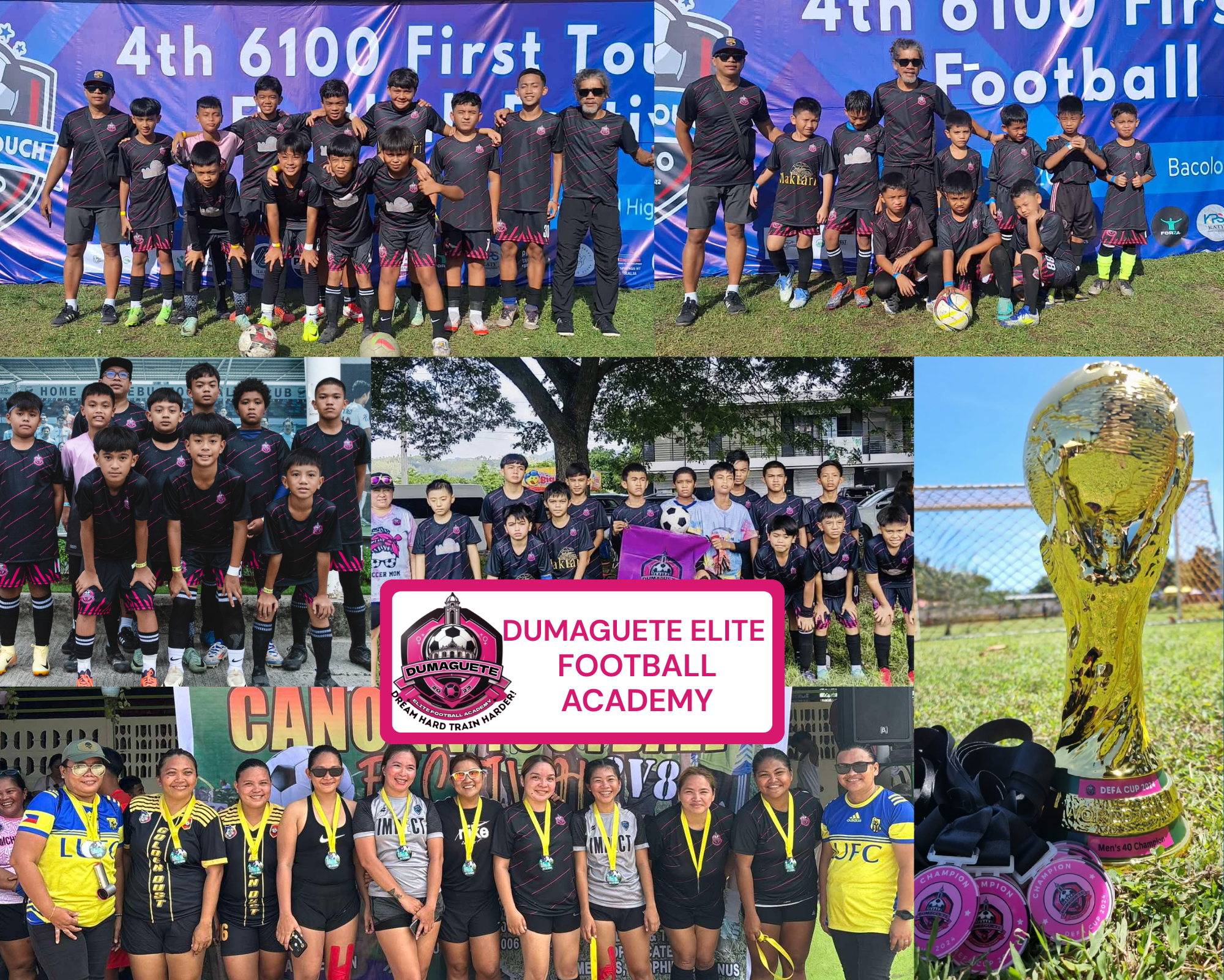 A collage featuring Dumaguete Elite Football Academy players and coaches during tournaments, team photos, and trophies, highlighting their achievements and unity.