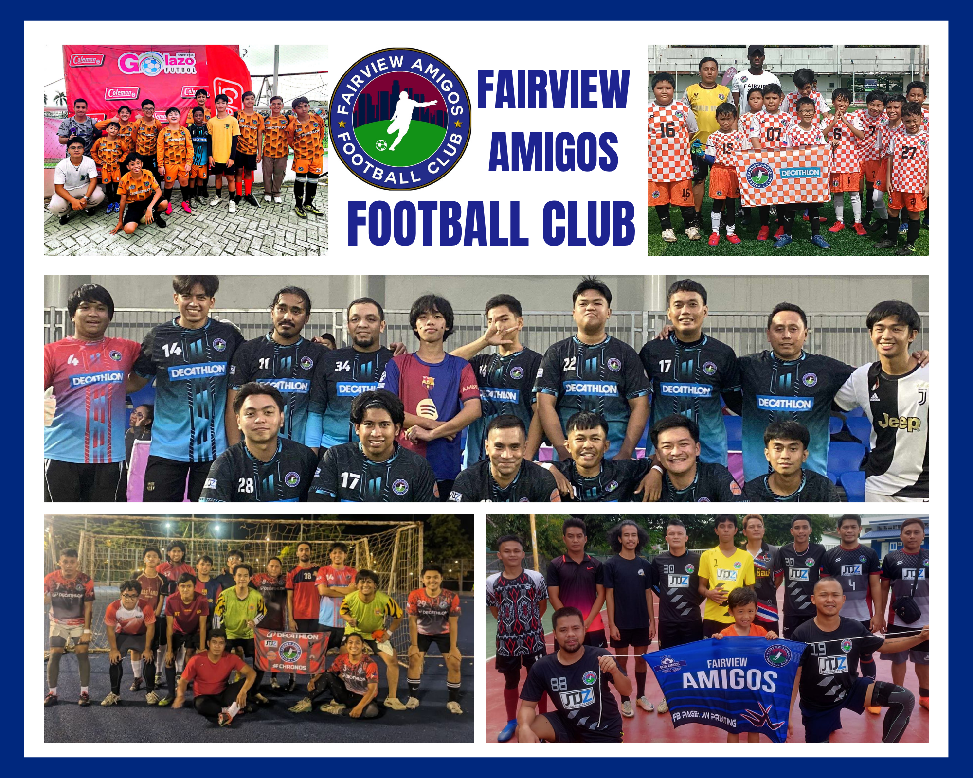 Fairview Amigos Football Club players from different age groups and tournaments showcasing team spirit and unity in various matches