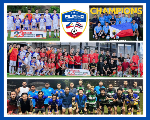 Collage of Filipino Football Community Thailand teams and players celebrating unity and victories in Bangkok football tournaments.