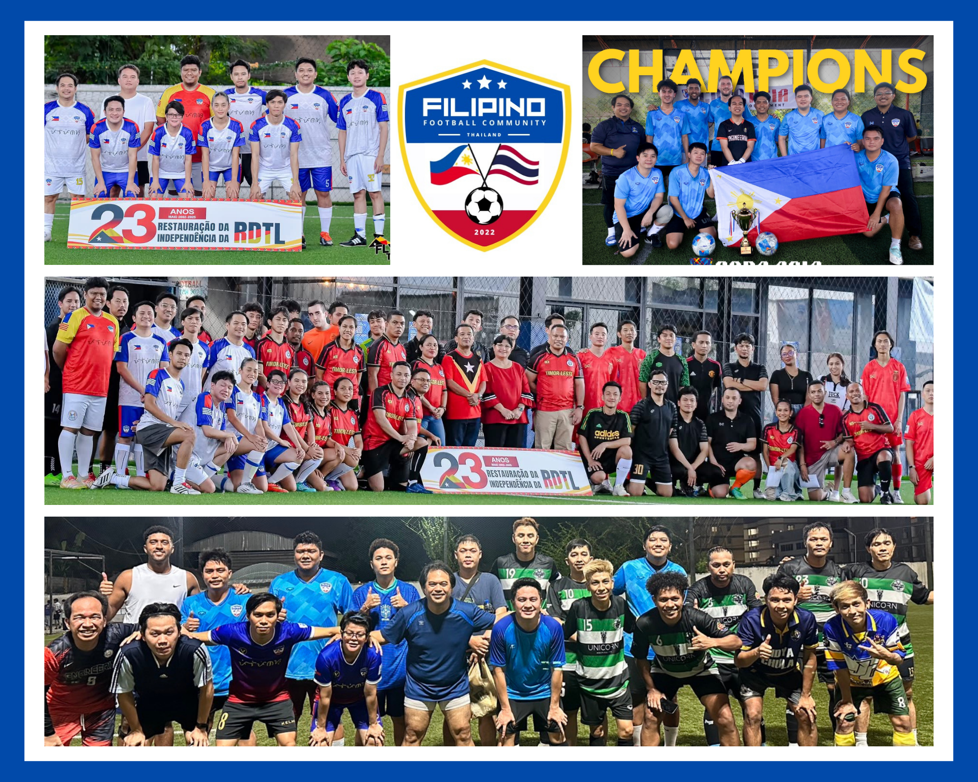 Collage of Filipino Football Community Thailand teams and players celebrating unity and victories in Bangkok football tournaments.