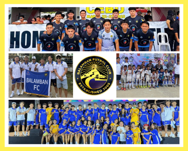 Balamban Futbol Club players from different age groups posing together, celebrating unity and grassroots football development in Cebu.