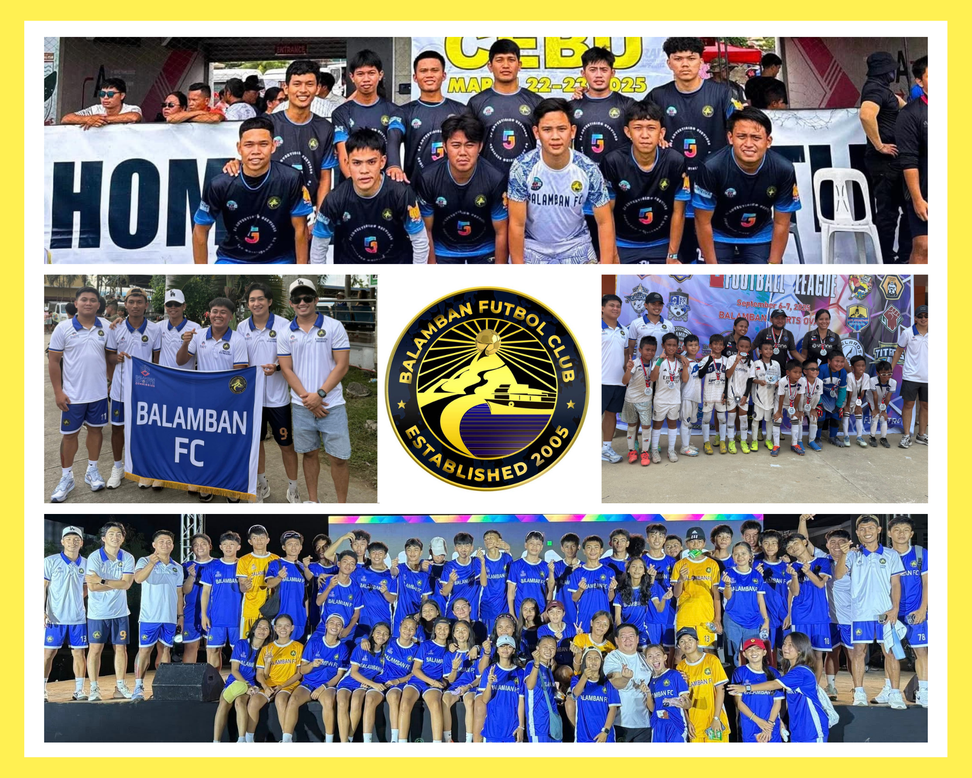 Balamban Futbol Club players from different age groups posing together, celebrating unity and grassroots football development in Cebu.