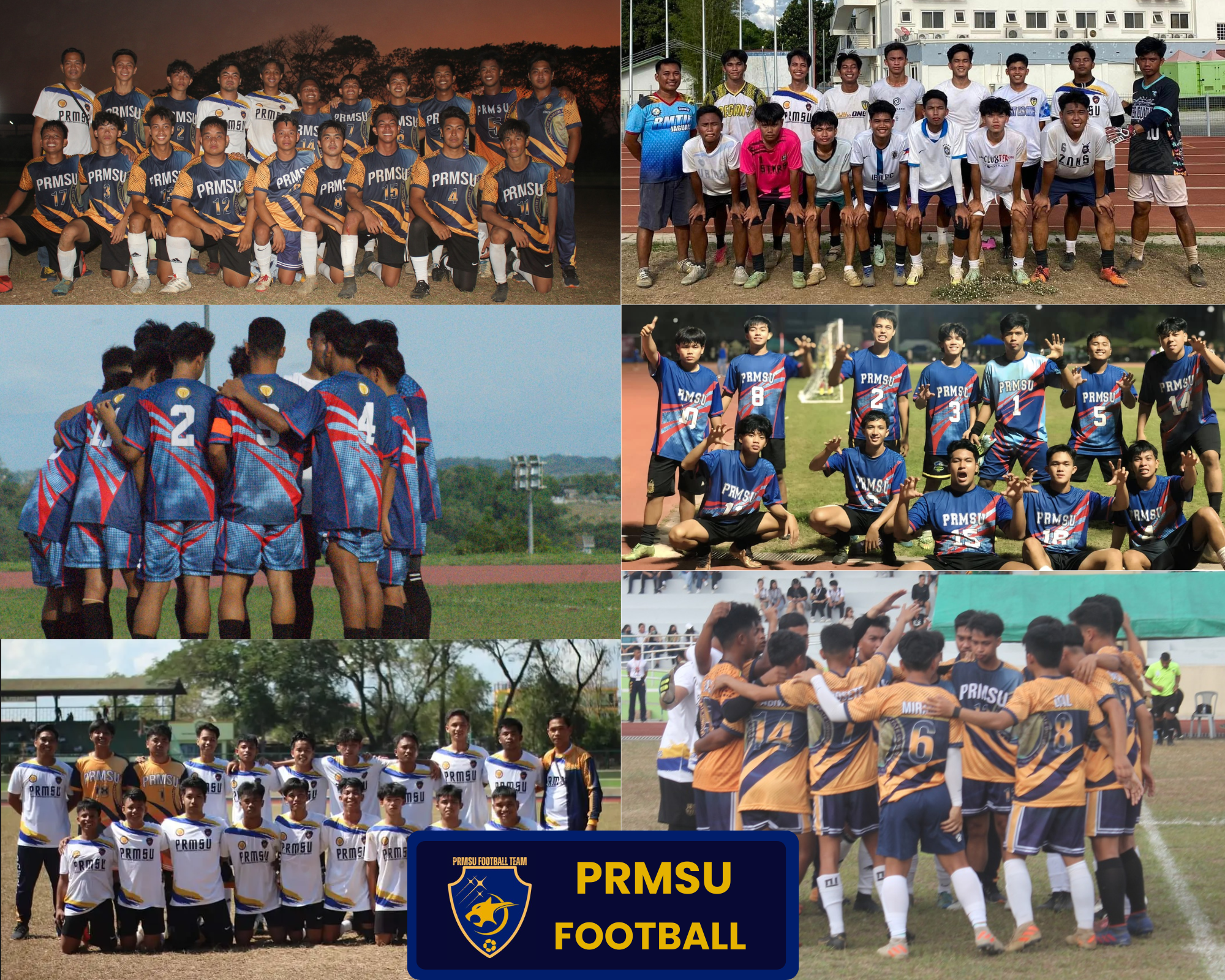 PRMSU Football Team collage featuring players in action, team huddles, and official uniforms representing President Ramon Magsaysay State University.