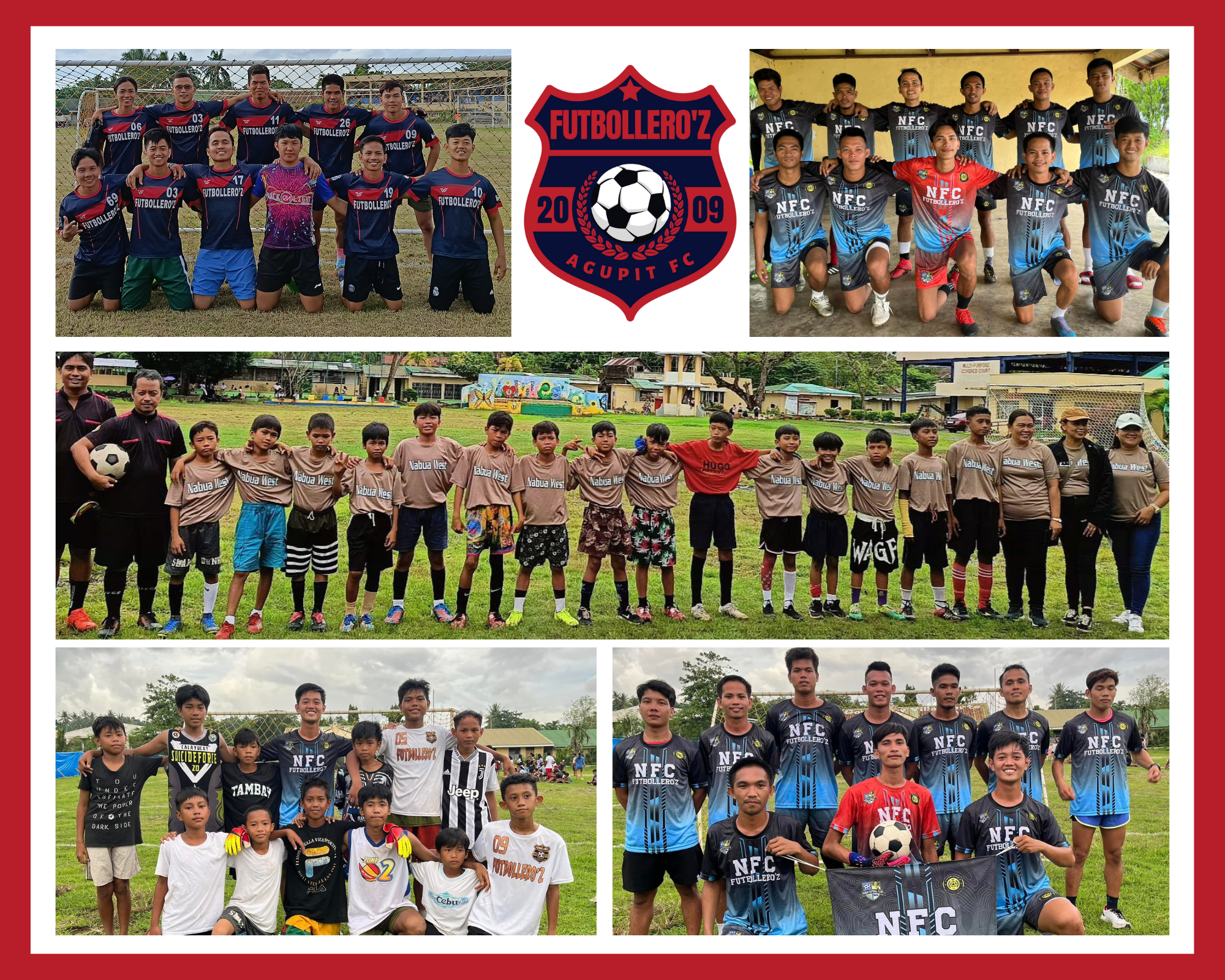 A collage of Jr. FUTBOLLERO’Z FC and NFC teams proudly posing in their uniforms with coaches and young players on the football field in Nabua, Camarines Sur.