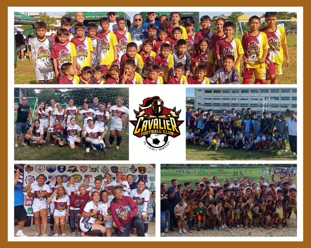 Group photos of Cavalier Football Club players, coaches, parents, and supporters celebrating tournaments, training sessions, and community moments in Cagayan de Oro.