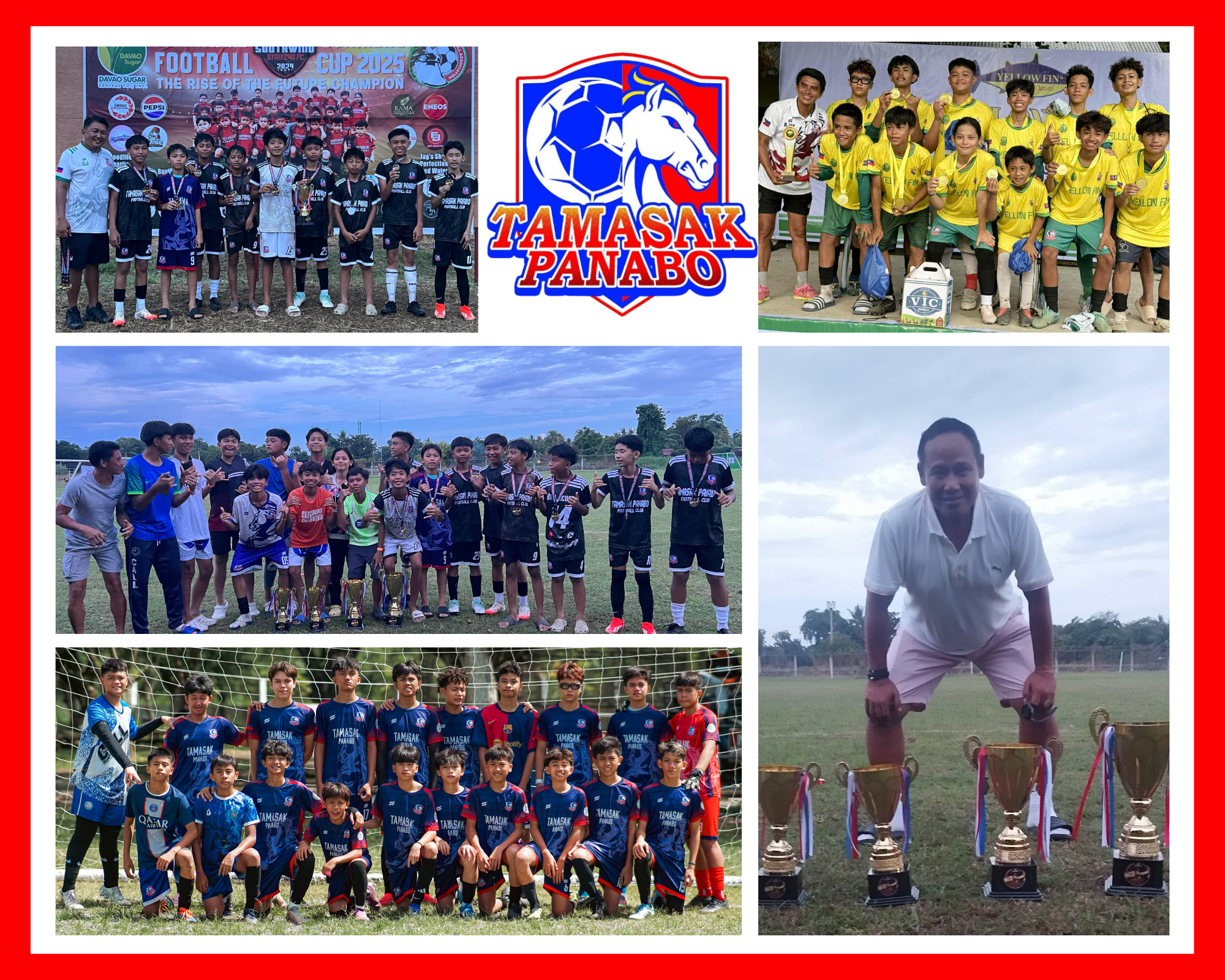 A collage of Tamasak Panabo FC players in various football tournaments, showing young athletes with trophies, their coach, and the club’s logo — representing teamwork, dedication, and success in Panabo City.