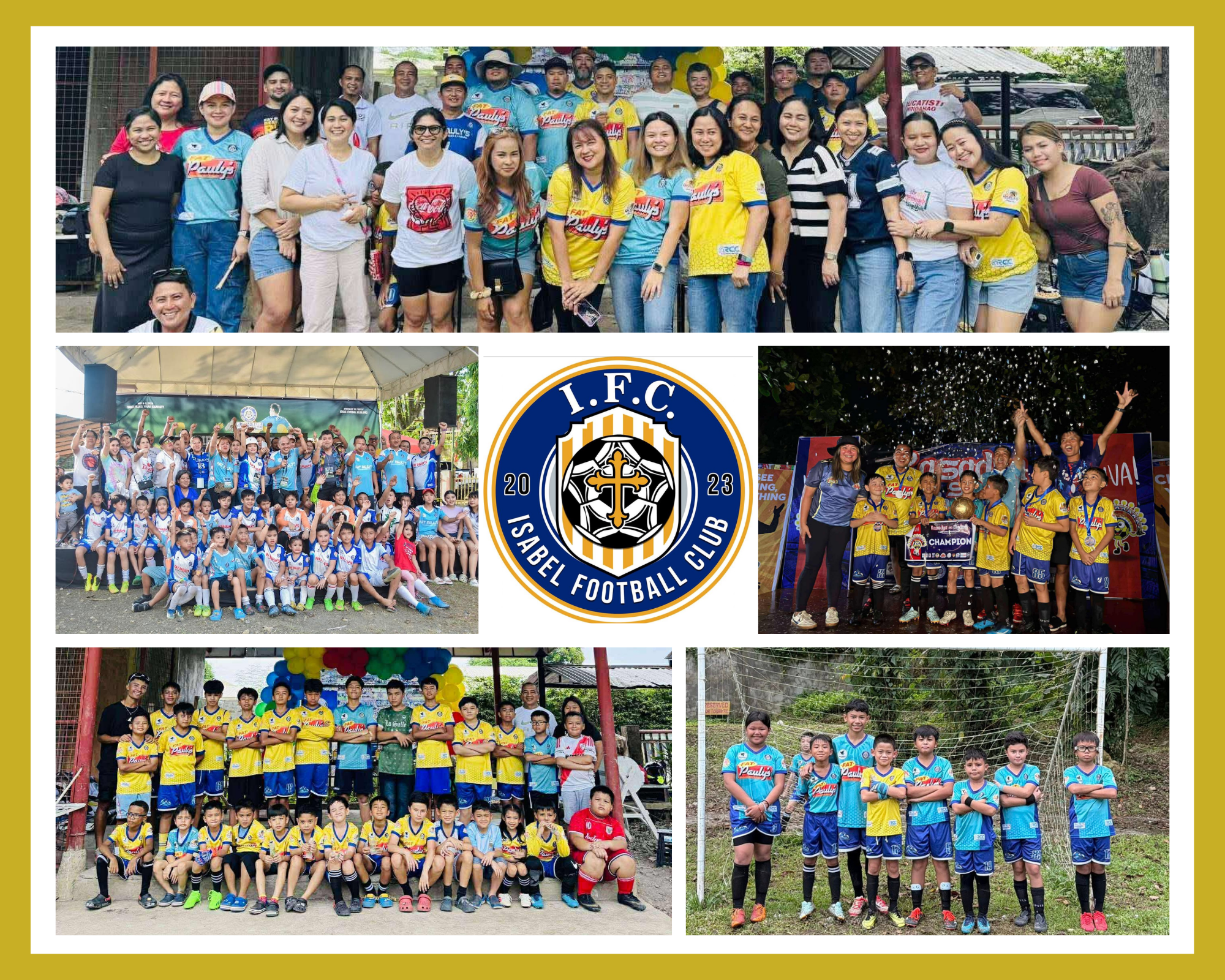 A photo collage of Isabel Football Club showing parents, coaches, youth players, team celebrations, and training groups, with the IFC logo at the center.