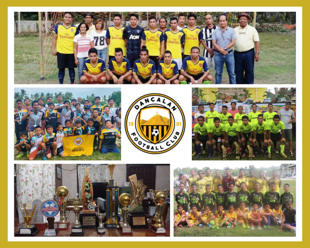 A photo collage of Dancalan Football Club showing youth and adult teams, coaches, children holding medals, team trophies, and the official Dancalan FC logo at the center.