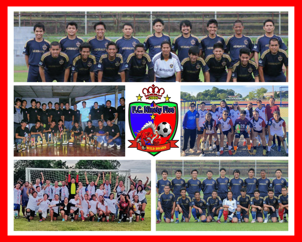 A photo collage of FC Ninety Five showing men’s and women’s teams, group celebrations, trophy displays, and the club’s Wild Boars logo at the center, highlighting the club’s growth and achievements.