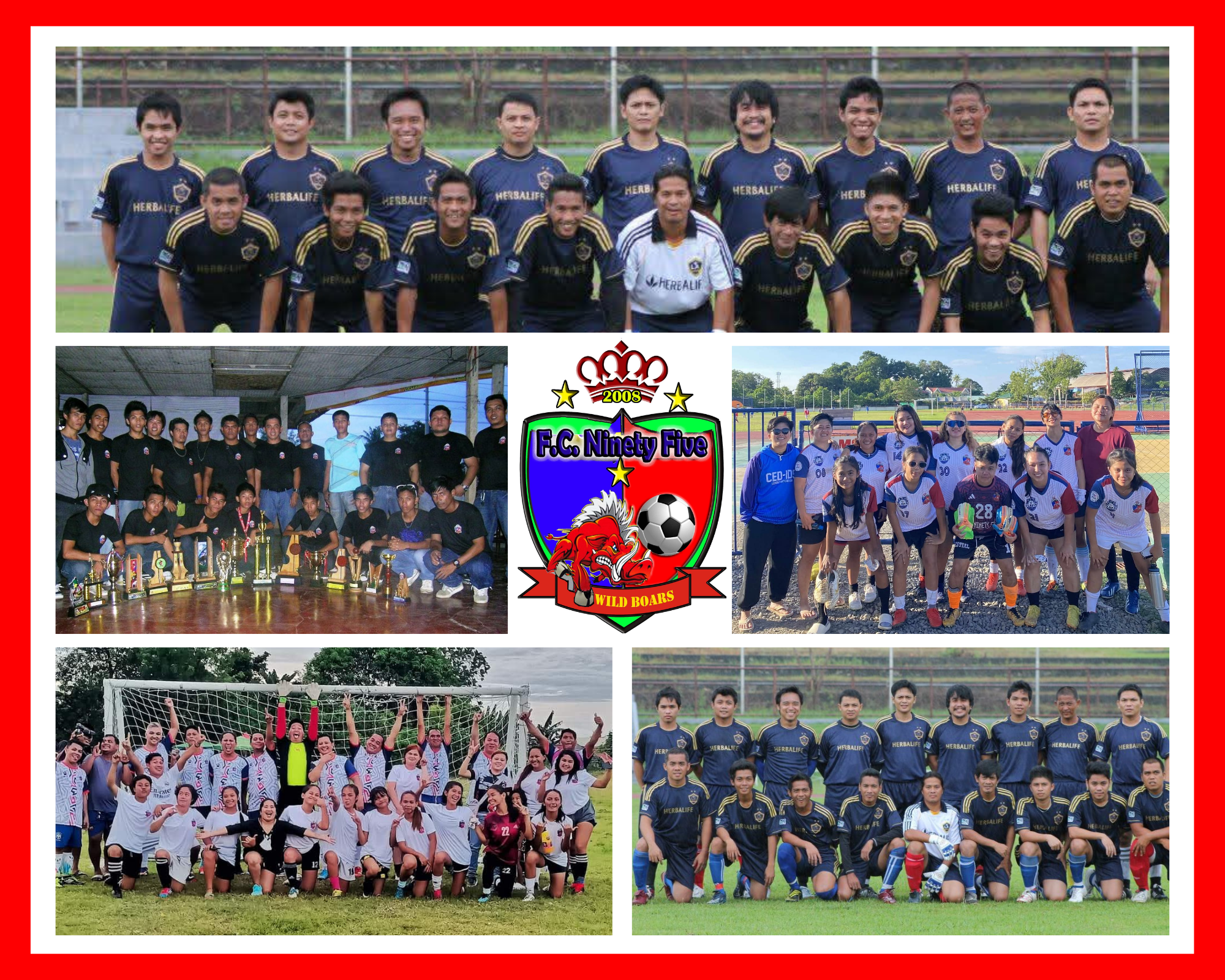 A photo collage of FC Ninety Five showing men’s and women’s teams, group celebrations, trophy displays, and the club’s Wild Boars logo at the center, highlighting the club’s growth and achievements.