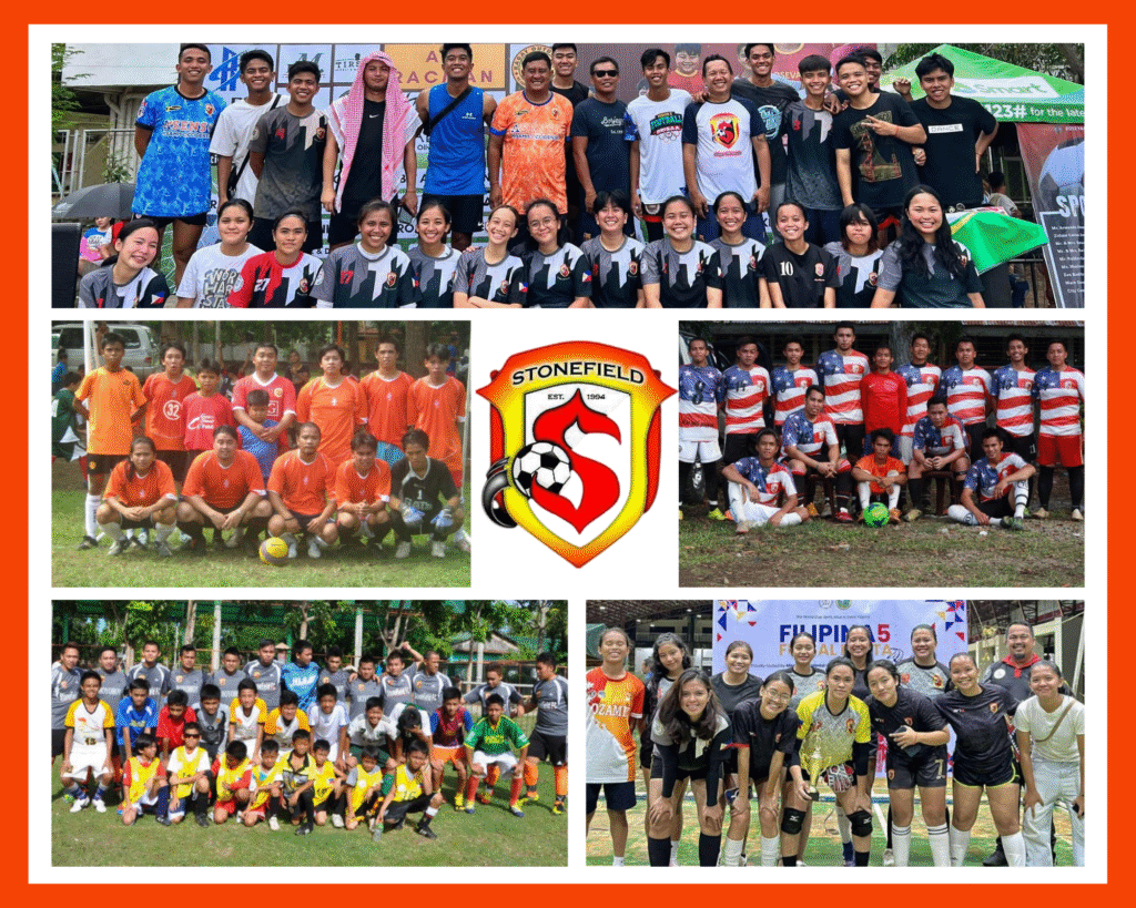 Photo collage showcasing different generations of Stonefield Football Club players, including youth teams, women’s teams, alumni, and mixed squads, highlighting the club’s long history, growth, and community involvement.