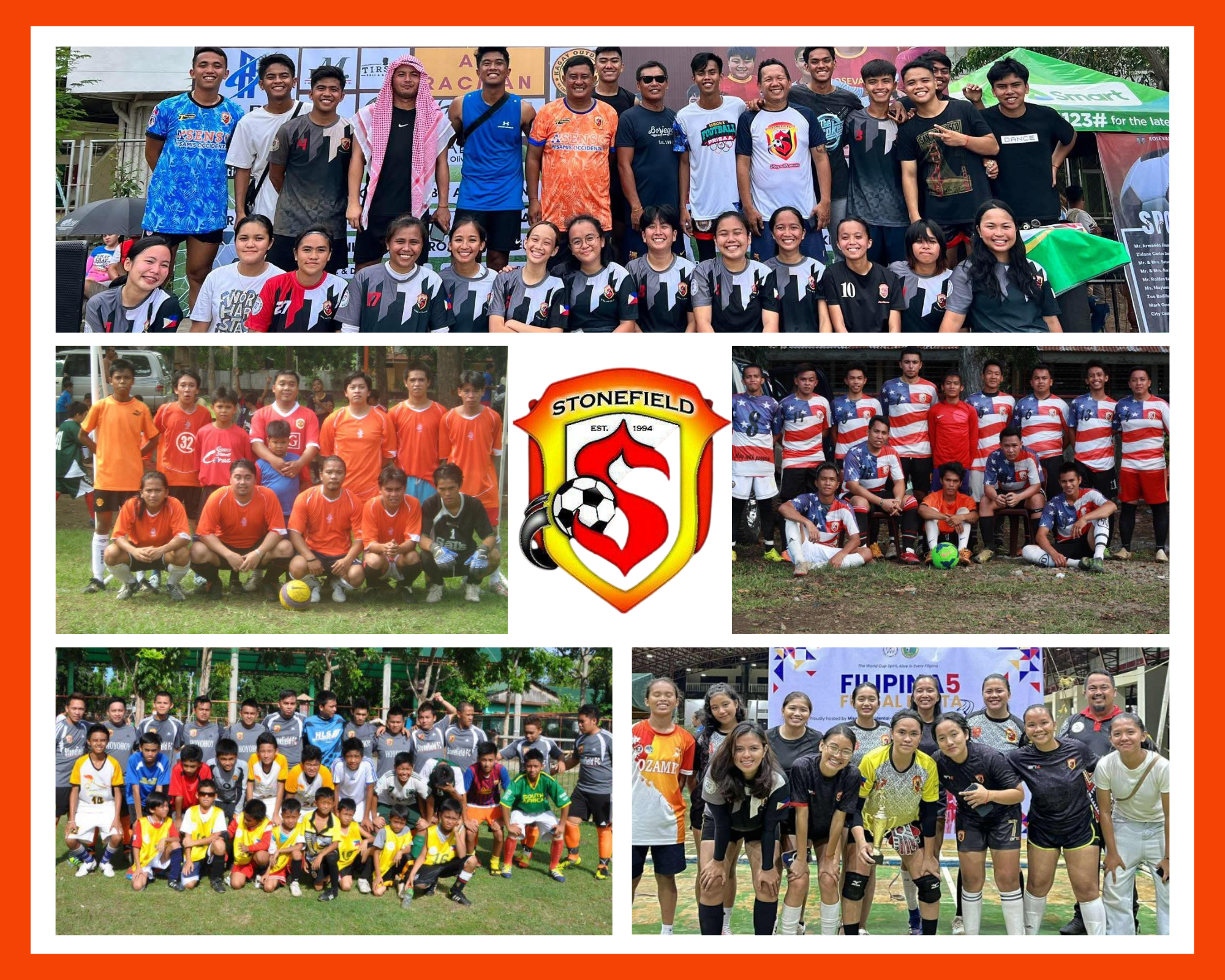 Photo collage showcasing different generations of Stonefield Football Club players, including youth teams, women’s teams, alumni, and mixed squads, highlighting the club’s long history, growth, and community involvement.