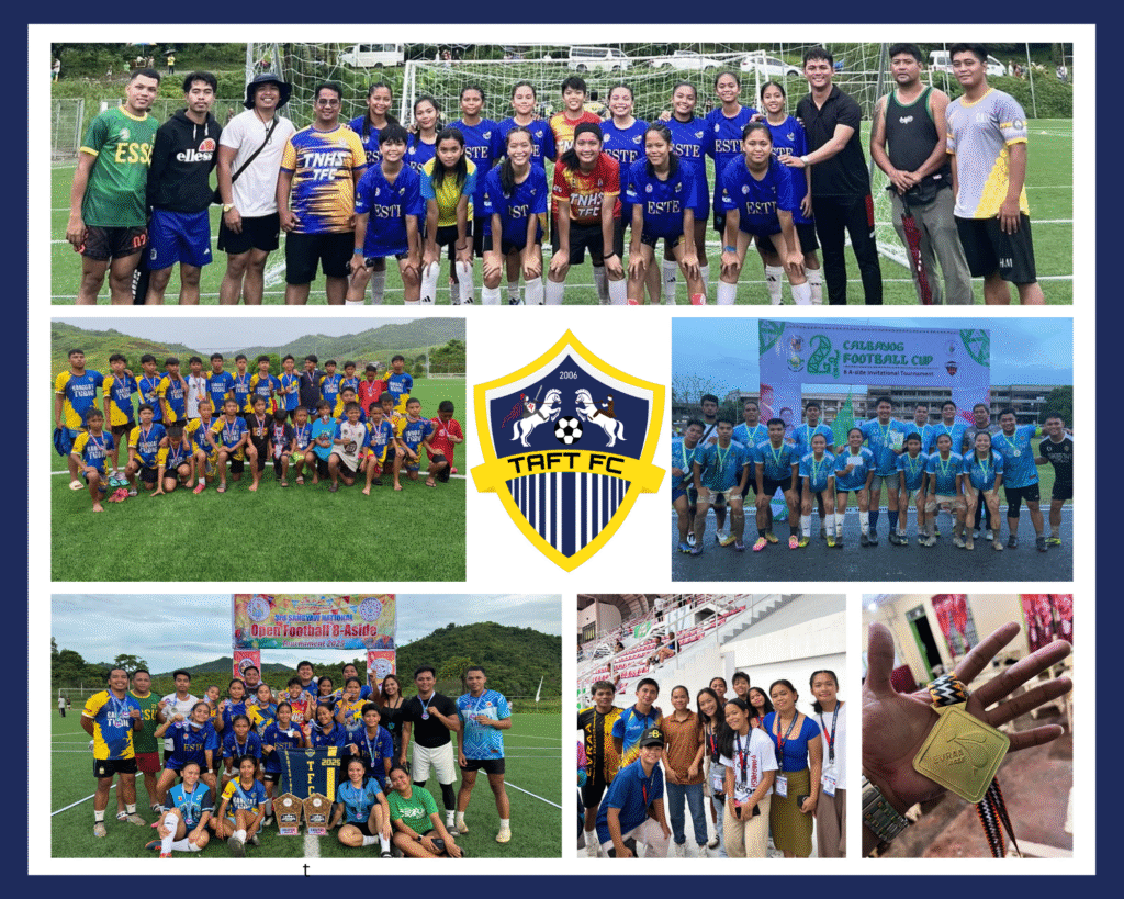 Photo collage featuring Taft/Tubignon FC teams, including women’s, youth, and senior players, tournament moments, medals, and club achievements in grassroots football.