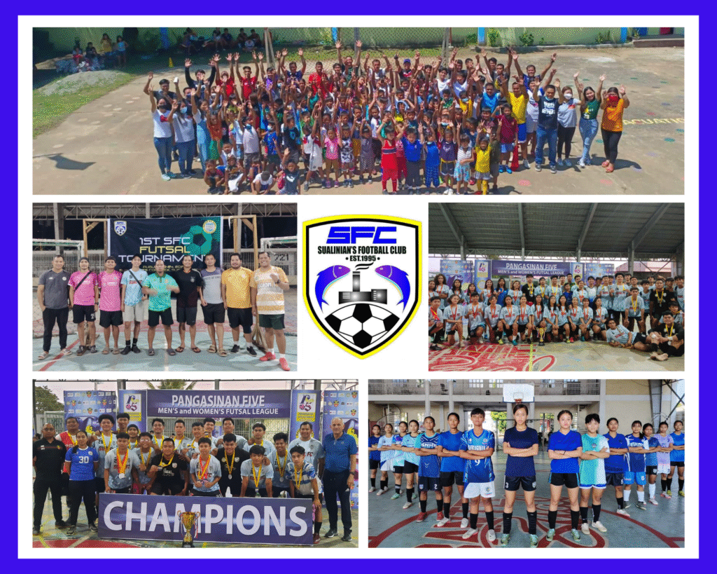 A photo collage of Sualinian’s Football Club featuring youth players, coaches, futsal champions, training groups, and the official SFC logo, showcasing community football development in Sual, Pangasinan.