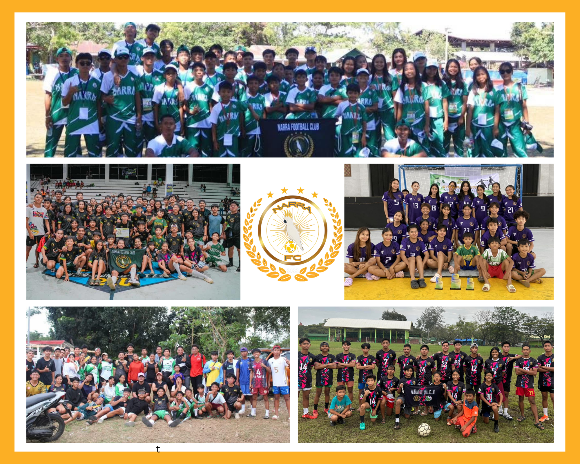 Collage of Narra FC youth players, coaches, and grassroots football activities in Narra, Palawan