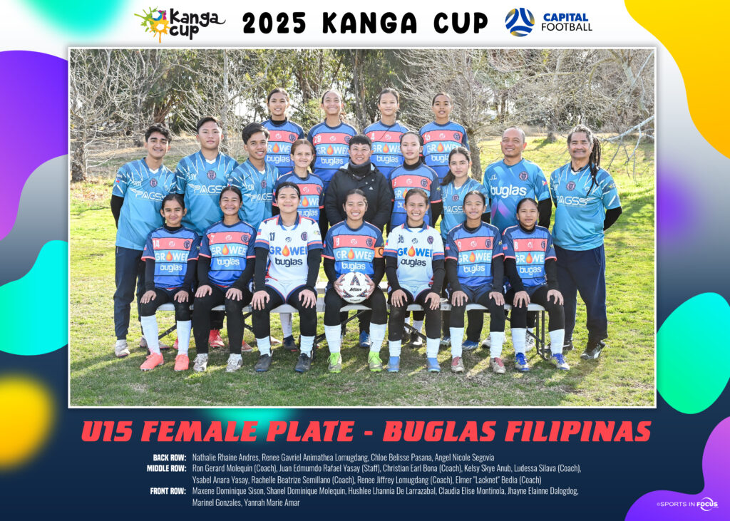 Buglas Filipinas U15 female football team posing for a team photo at the 2025 Kanga Cup in Australia, wearing blue and red kits with coaches and staff.