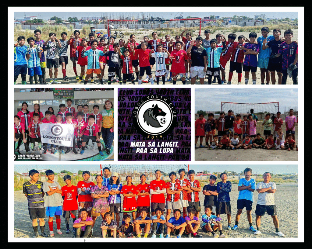Collage of Lobos Youth Club youth football players, coaches, and supporters at community matches and training sessions in Navotas City, Philippines, representing grassroots development within a Philippine football club.
