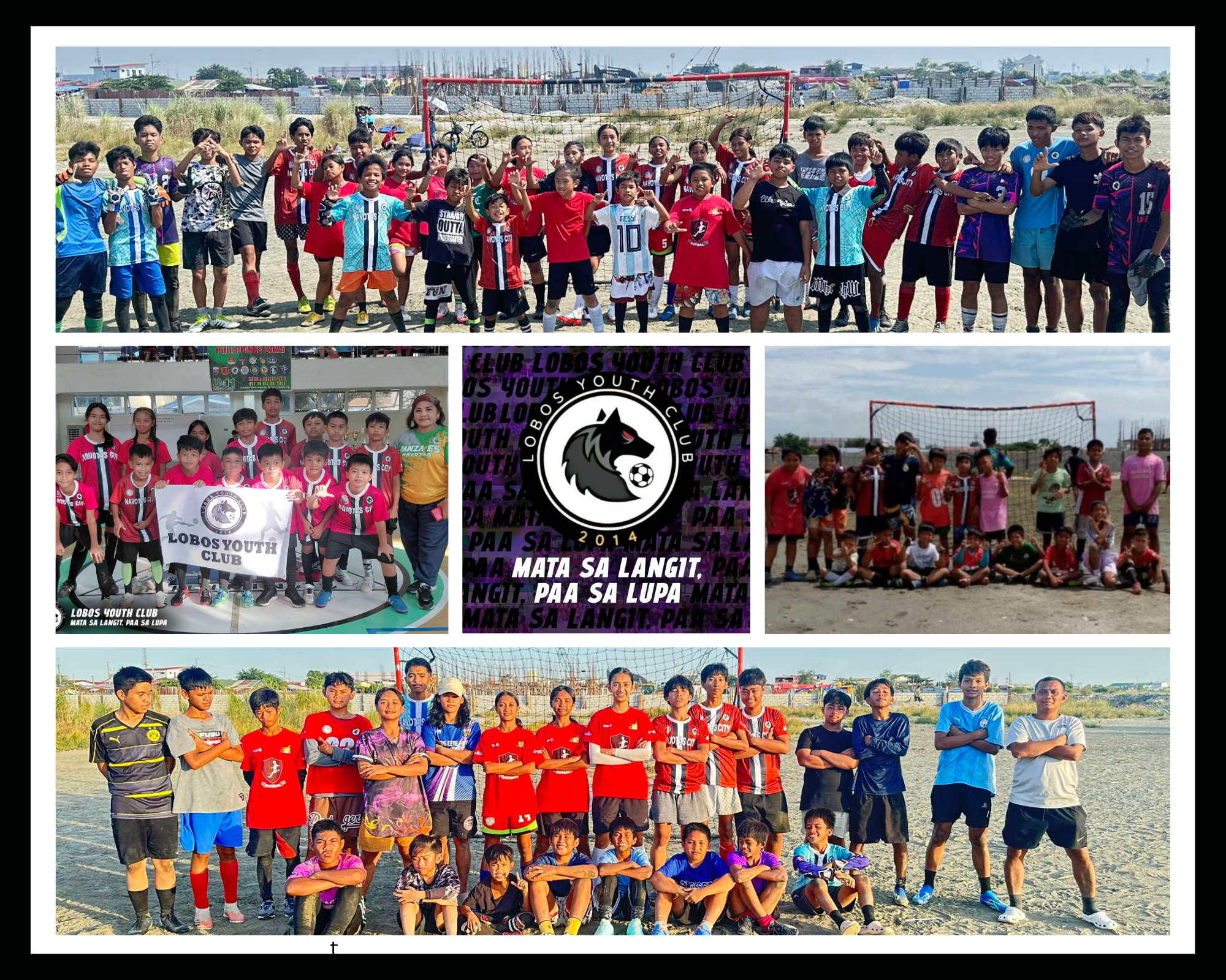 Collage of Lobos Youth Club youth football players, coaches, and supporters at community matches and training sessions in Navotas City, Philippines, representing grassroots development within a Philippine football club.