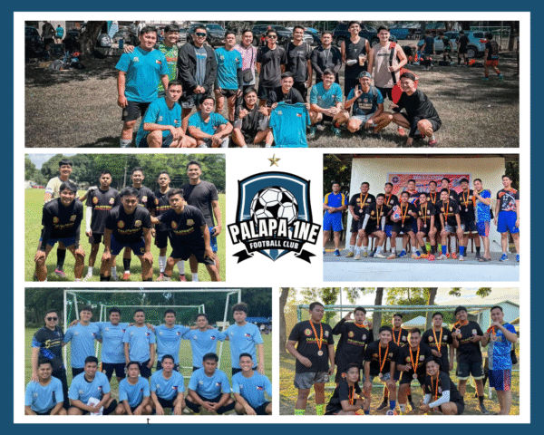 Collage of Palapa 1ne Football Club players in matches, training sessions, and tournament celebrations representing grassroots football development