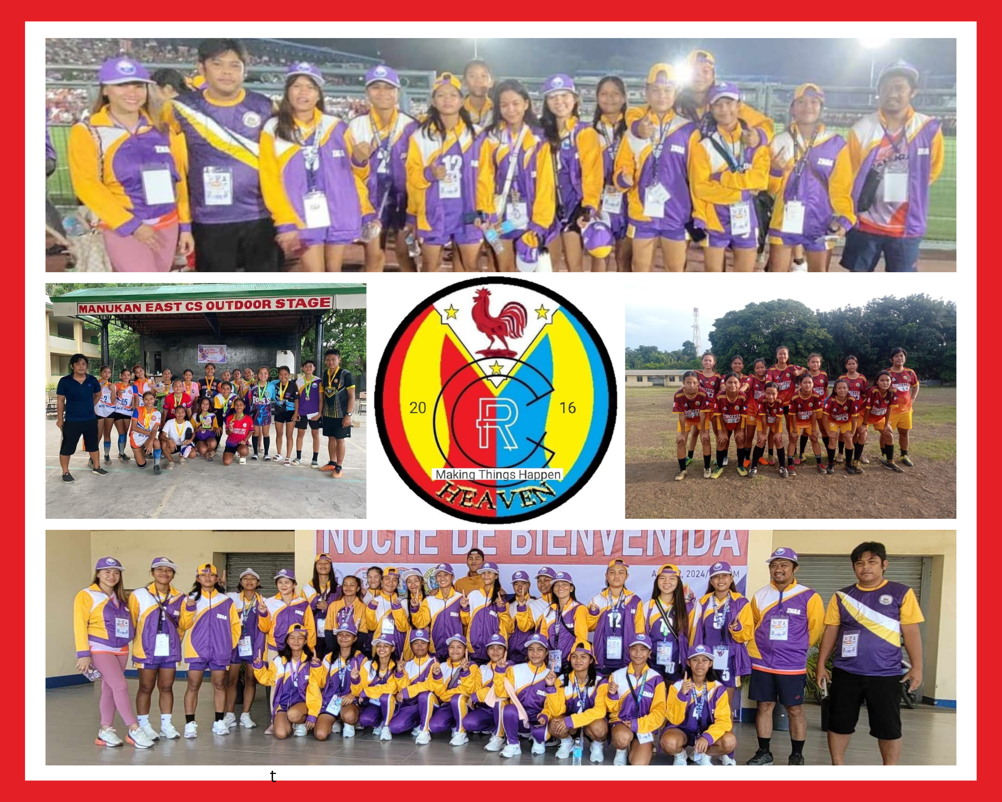 A collage showcasing multiple R. MCHEAVEN Philippine football club teams competing in football and futsal tournaments, featuring group photos from national competitions with the club logo at the center—highlighting grassroots development and national participation in Philippine footbal87l.
