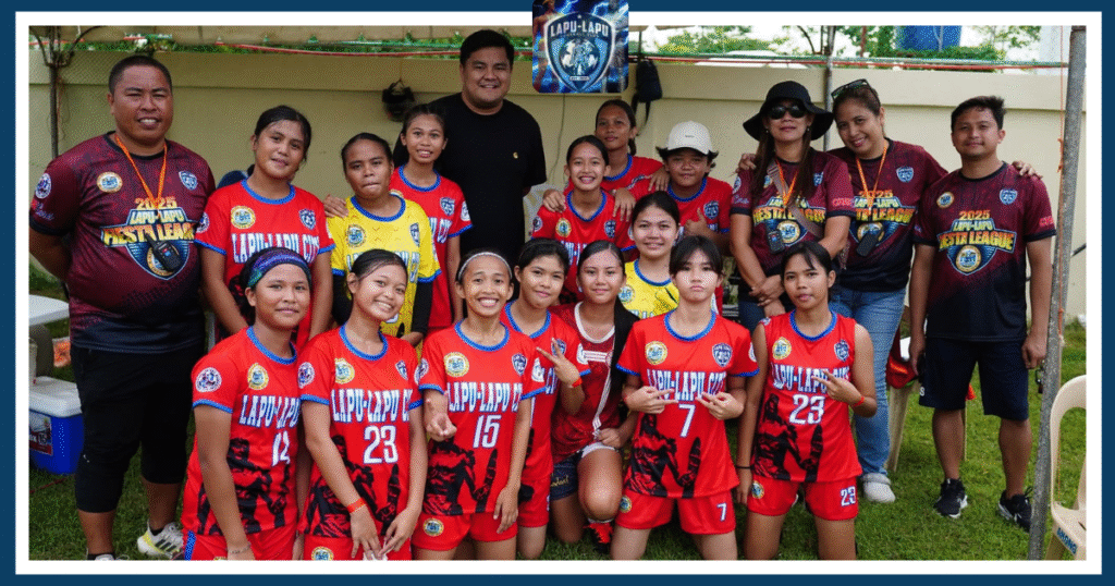 Lapu-Lapu City players and coaches posing during the Fiesta League, representing a grassroots Philippine Football Club developing young football talent.