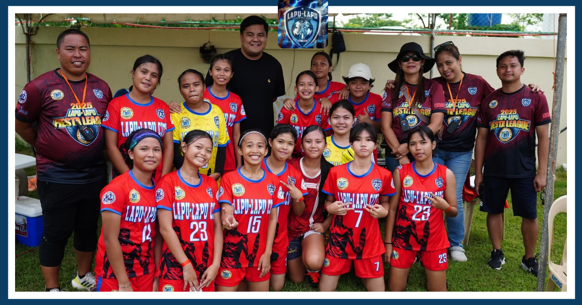Lapu-Lapu City players and coaches posing during the Fiesta League, representing a grassroots Philippine Football Club developing young football talent.