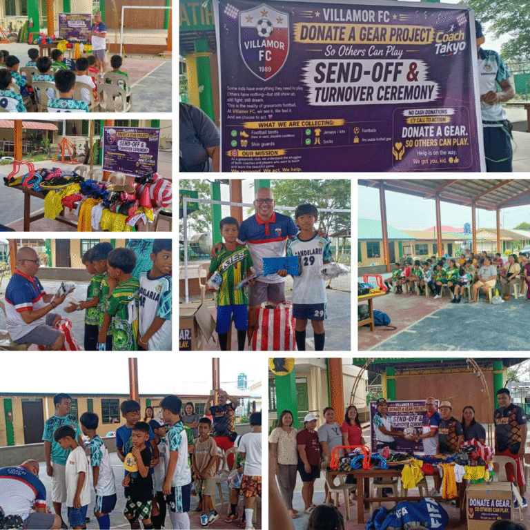 Collage of the Villamor FC “Donate a Gear So Others Can Play” turnover ceremony showing donated football gear, community volunteers, young players receiving equipment, and a gathering during the send-off event.