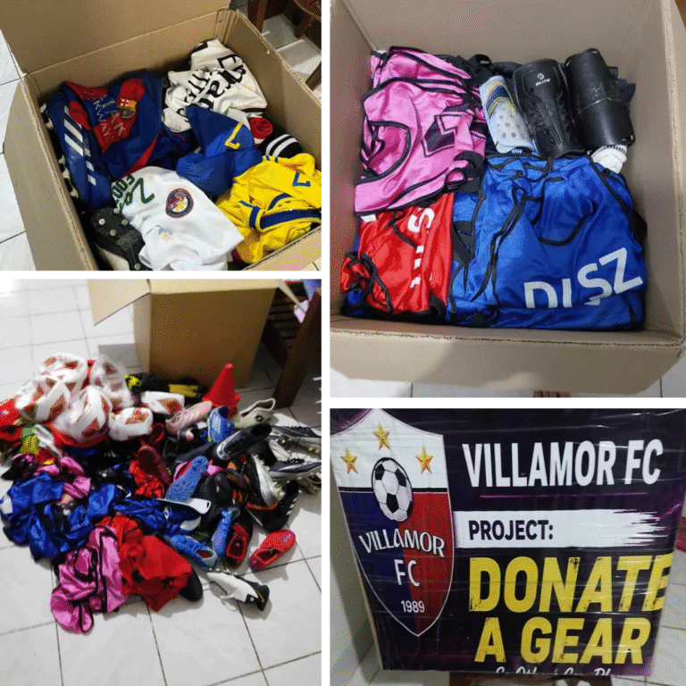 Collage of donated football equipment including jerseys, bibs, football boots, shin guards, balls, and training gear collected for the Villamor FC youth football project.