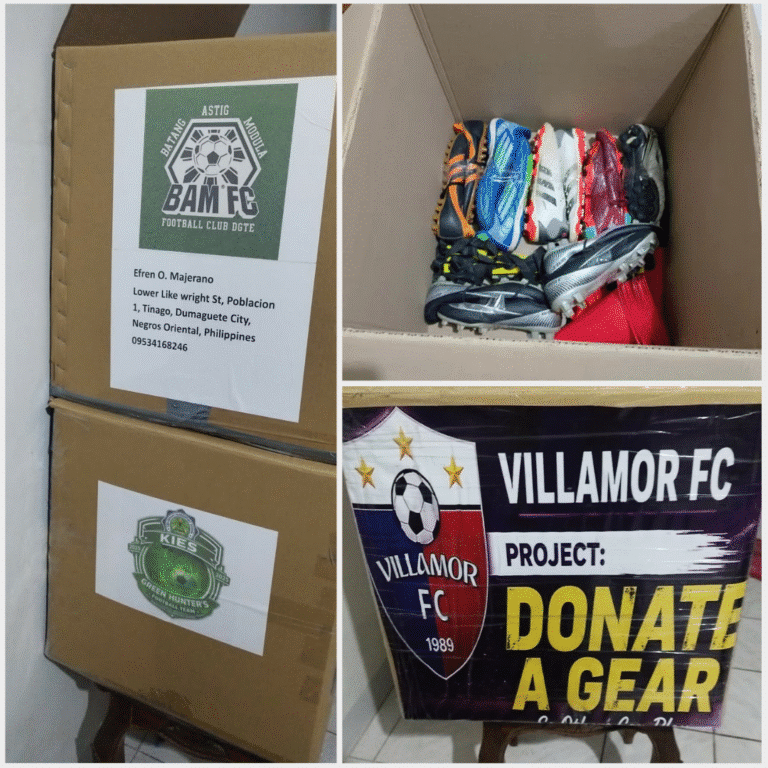 Collage showing donation boxes filled with football boots and equipment, labels from football clubs and supporters, and a Villamor FC “Donate a Gear” project banner.