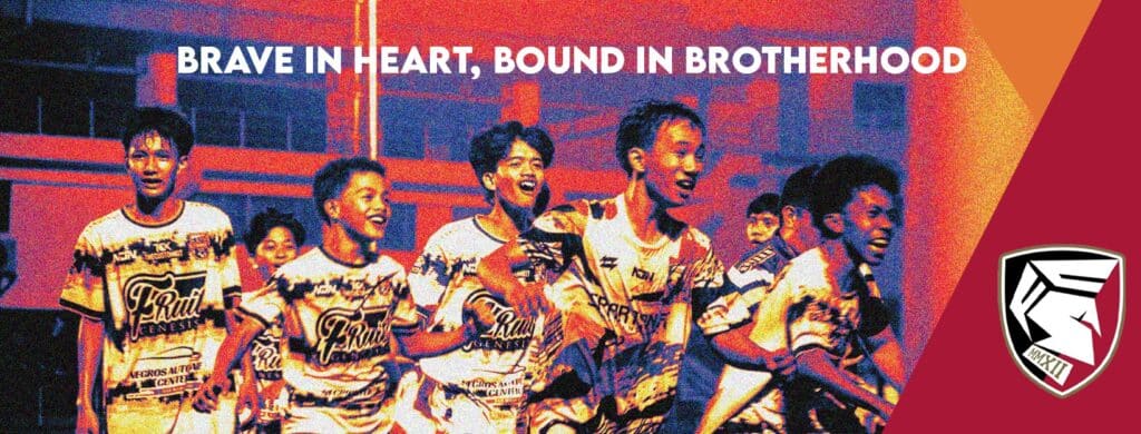 Spartan FC Calindagan players celebrating together beneath the club motto, Brave in Heart, Bound in Brotherhood.