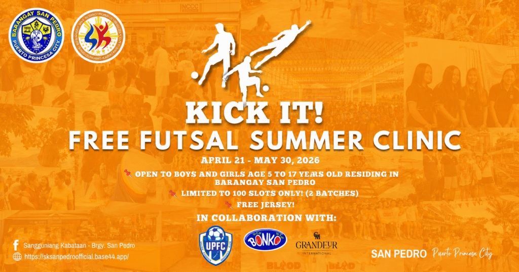 Kick It Free Futsal Summer Clinic poster featuring a 30-day grassroots futsal program for boys and girls aged 5 to 17 in Barangay San Pedro, Puerto Princesa City, Palawan