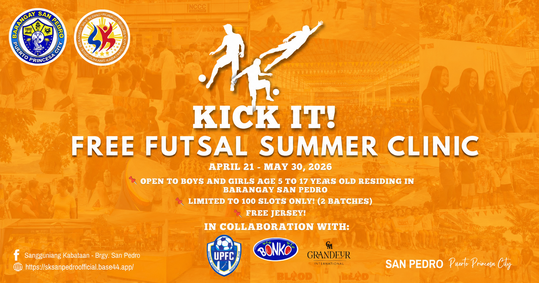 Kick It Free Futsal Summer Clinic poster featuring a 30-day grassroots futsal program for boys and girls aged 5 to 17 in Barangay San Pedro, Puerto Princesa City, Palawan
